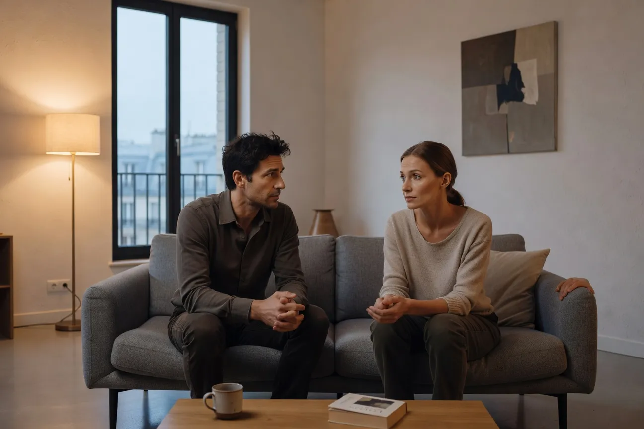 Couple franco-slave en conversation sérieuse dans un appartement moderne