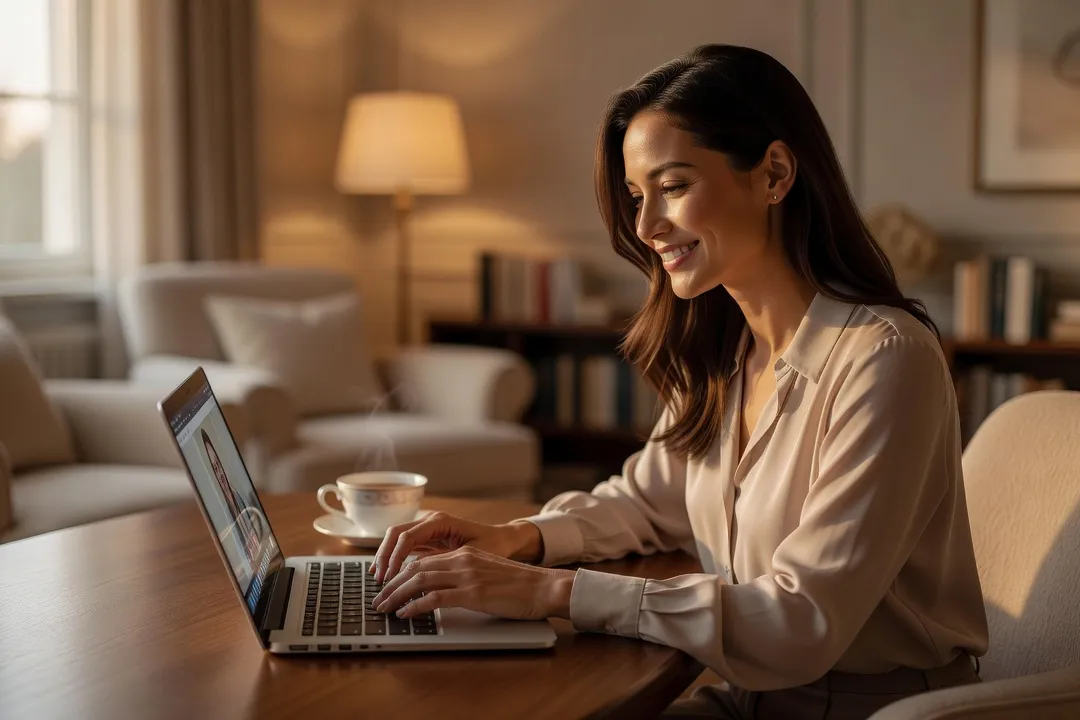 Femme souriante en appel vidéo sur un ordinateur portable, communication quotidienne d'un couple à distance