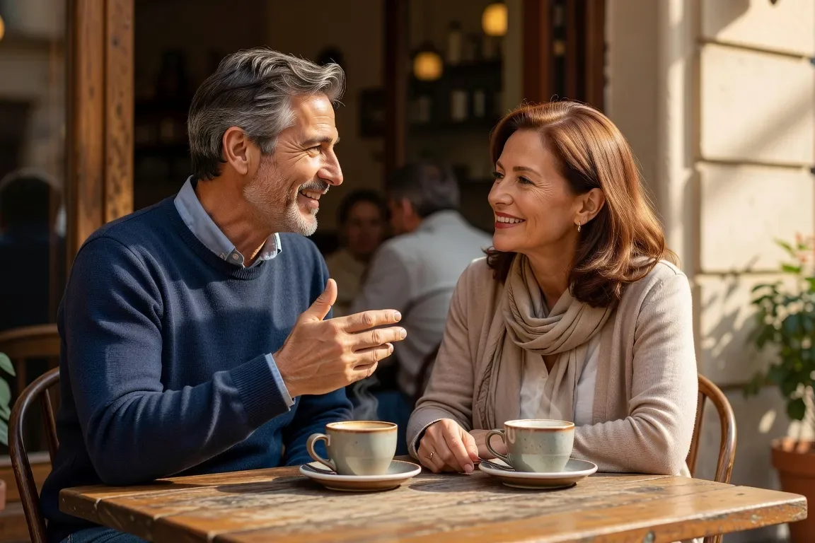 Couple mature en discussion animée autour d'un café — rencontre sérieuse après 50 ans