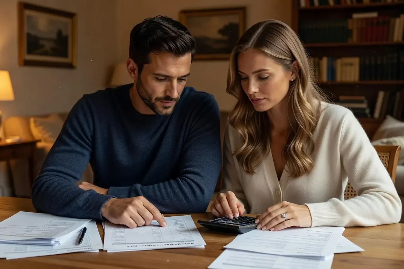 Couple franco-slave calculant le budget de leur mariage, documents et calculatrice sur une table