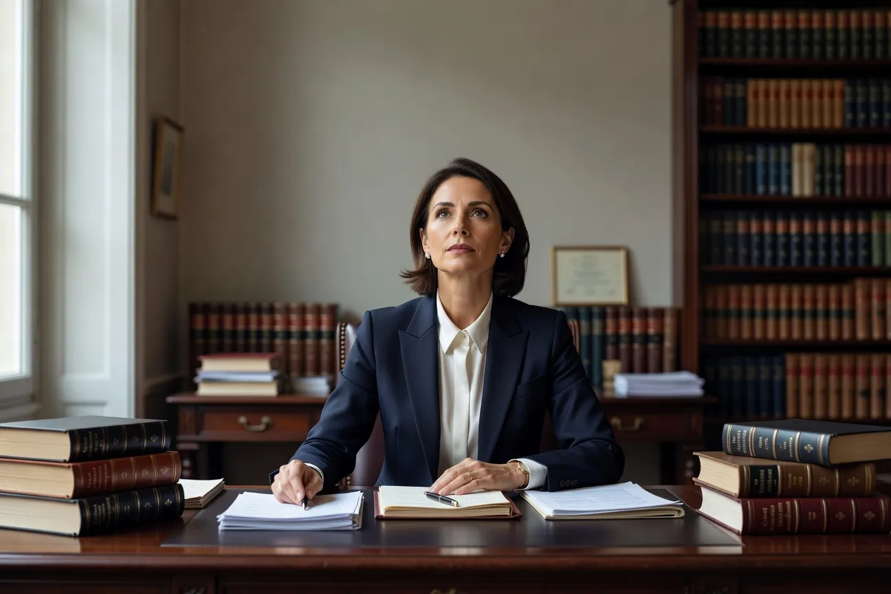 Portrait d'une avocate spécialisée en droit de la famille internationale, bureau professionnel