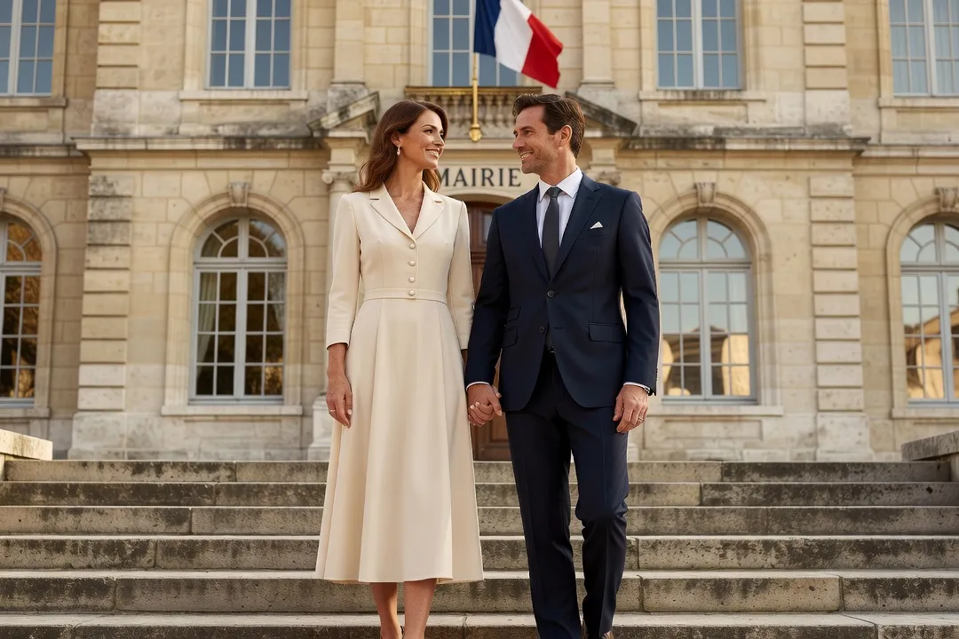 Couple souriant devant une mairie française, cérémonie de mariage civil