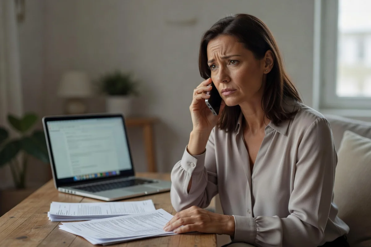 Personne inquiète au téléphone avec sa banque, ordinateur portable flou en arrière-plan, documents bancaires posés sur la table