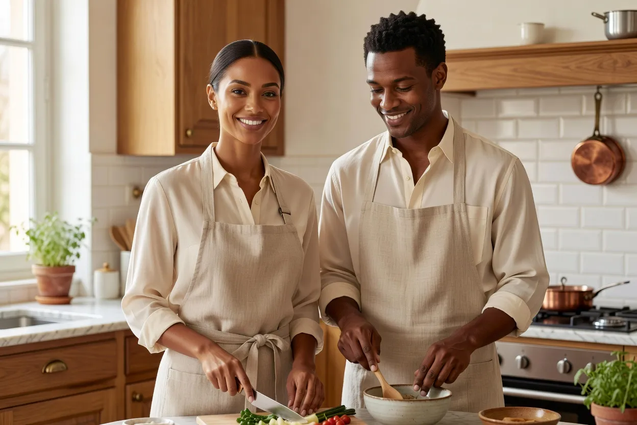 Couple souriant installant leurs affaires dans un nouvel appartement en France, adaptation au quotidien après le mariage