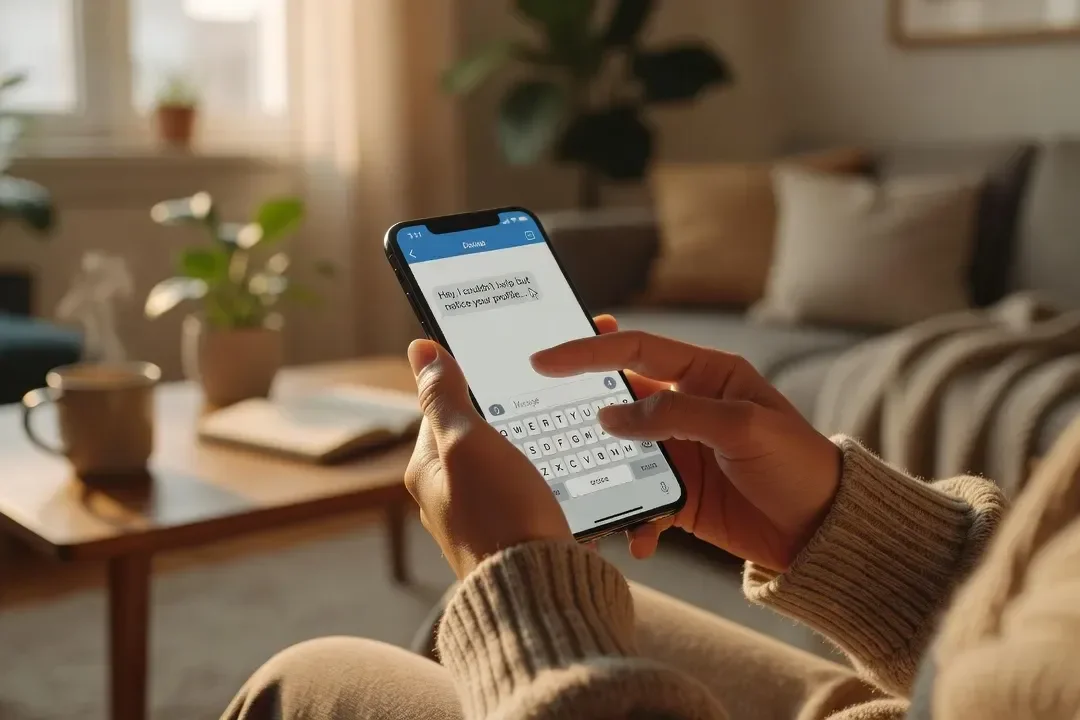 Personne tapant un premier message sur une application de rencontre, ambiance moderne et chaleureuse
